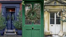 front door with Christmas tree branches on display and Christmas trees on steps outside, green front door with Christmas wreath, neutral front door with cluster of three wreaths