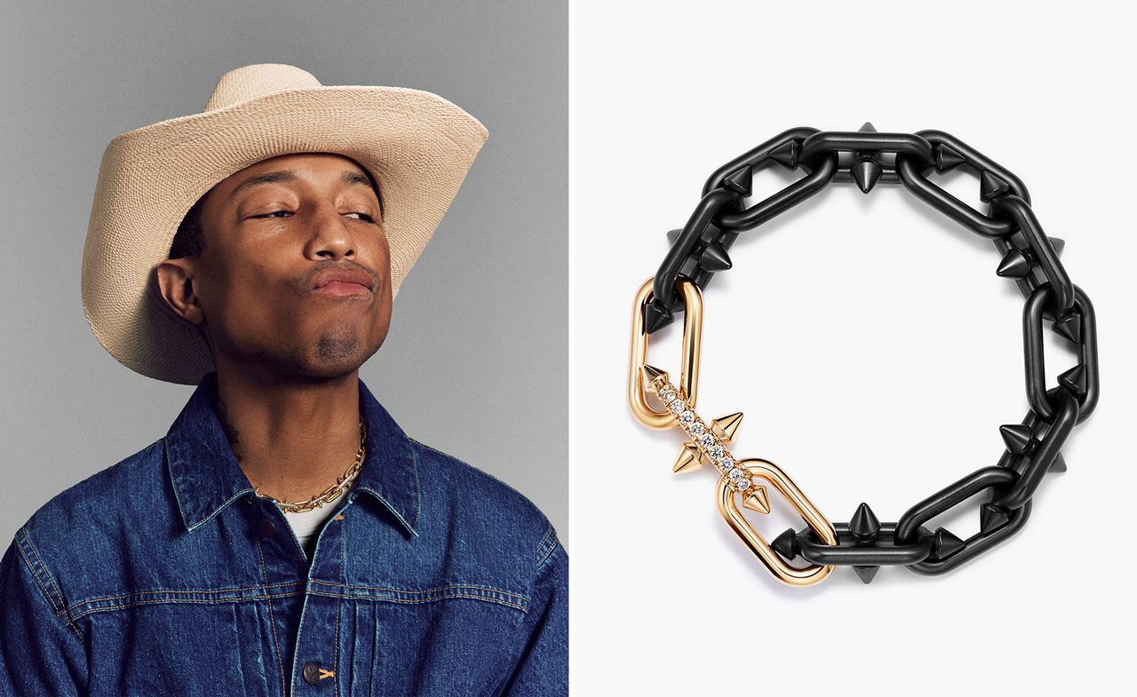 Pharrell Williams and Tiffany &amp; Co gold and black spiky jewellery 