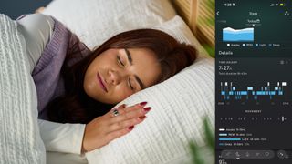 A close up of a woman lying in bed sleeping while wearing an Oura Ring. In the right hand side is a screenshot of the Oura app showing sleep tracking data