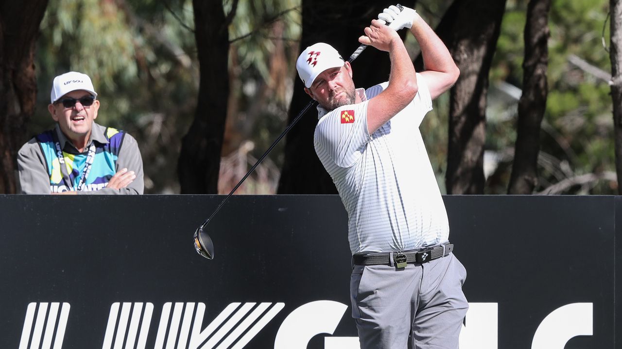 Marc Leishman hits a tee shot during a LIV Golf practice round at the Grange GC in Adelaide