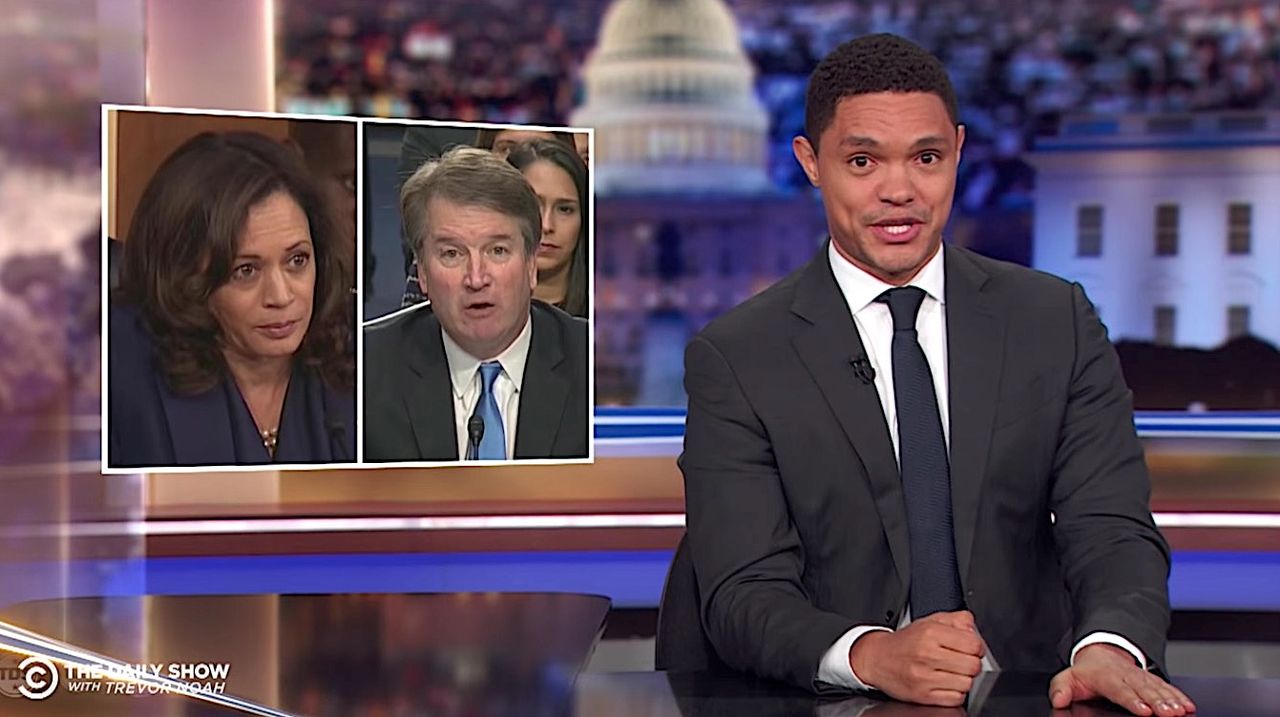 Trevor Noah cheers as Kamala Harris pounces