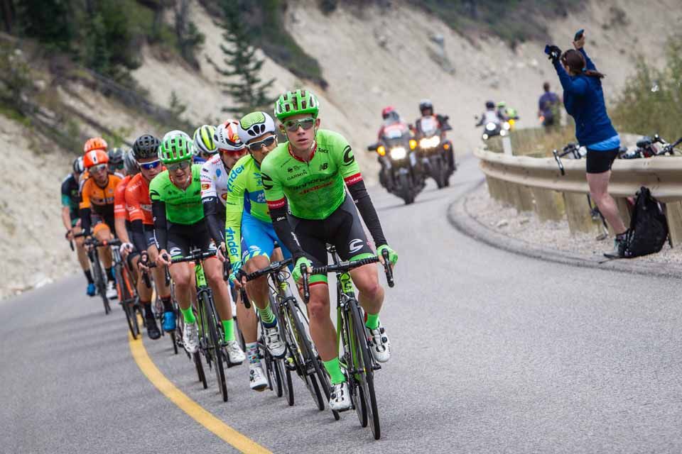Lawson Craddock (Cannondale-Drapac) leads the break on a climb during stage 1 of the Tour of Alberta