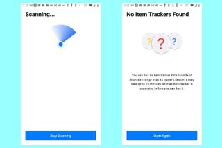 Screenshots of Apple's Tracker Detect app to detect rogue AirTags near an Android phone.