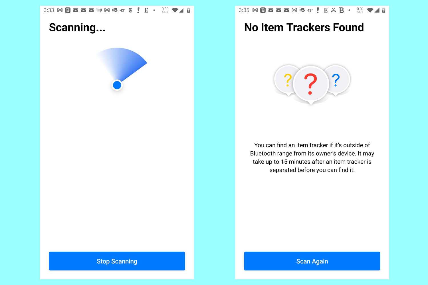 Screenshots of Apple's Tracker Detect app to detect rogue AirTags near an Android phone.