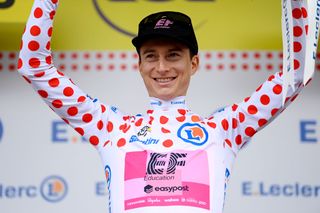 MOULINS FRANCE JULY 12 Neilson Powless of The United States and Team EF EducationEasyPost Polka Dot Mountain Jersey celebrates at podium during the stage eleven of the 110th Tour de France 2023 a 1798km from ClermontFerrand to Moulins UCIWT on July 12 2023 in Moulins France Photo by Tim de WaeleGetty Images