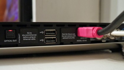 A close up of the connections around the back of the Sky Q box.