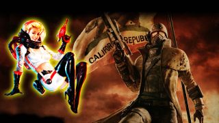 An image showing a wastelander in front of the California Republic flag, with the Nuka Cola pin-up girl displayed on the left.