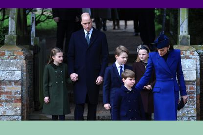 Princess Charlotte, Prince William, Prince of Wales, Prince George, Prince Louis, Mia Tindall and Catherine, Princess of Wales attend the Christmas Morning Service at Sandringham Church on December 25,