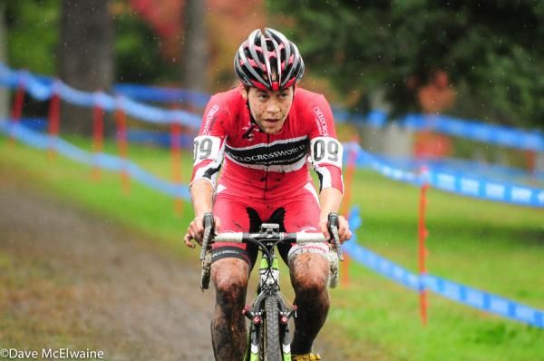 Crystal Anthony (Cyclocrossworld.com) riding to the pits in the rain