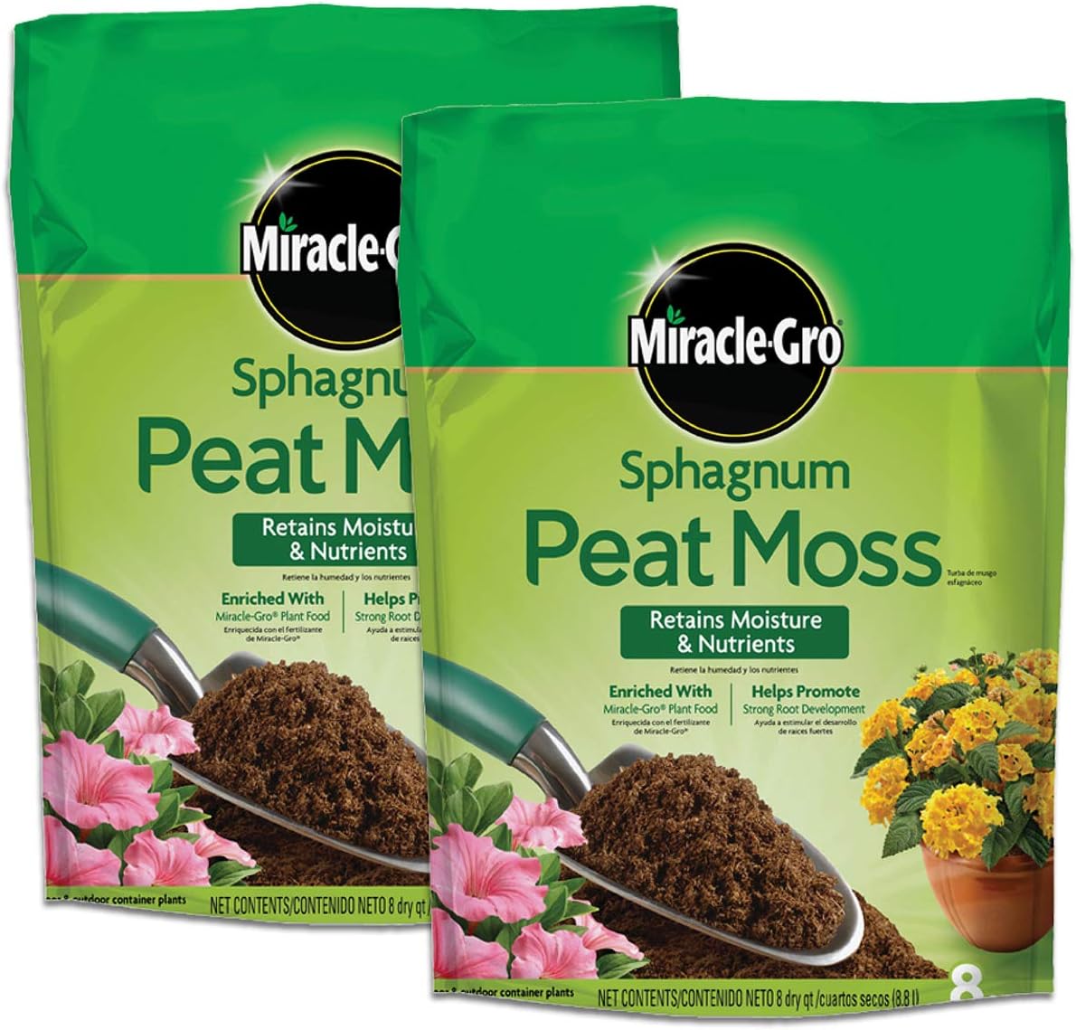 Miracle-Gro Sphagnum Peat Moss, for Containers and In-Ground, 8 Qt., 2-Pack