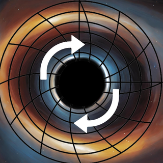 An illustration of a black circle in the center of the scene with white arrows showing its rotation going clockwise.