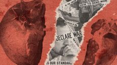 Photo collage of a split pomegranate, and worried looking people in the background with news headlines