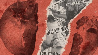 Photo collage of a split pomegranate, and worried looking people in the background with news headlines