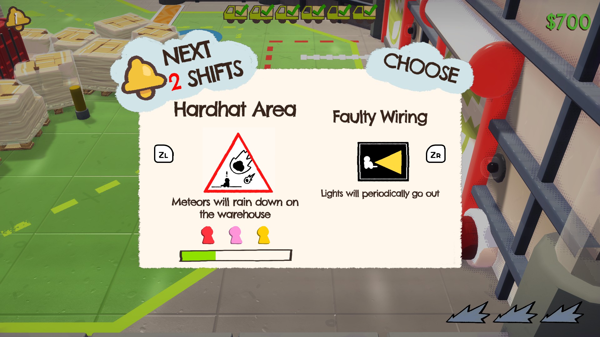 Screenshots from the Crashout Crew demo; showing optional modifiers, the Break Room, and the lobby.
