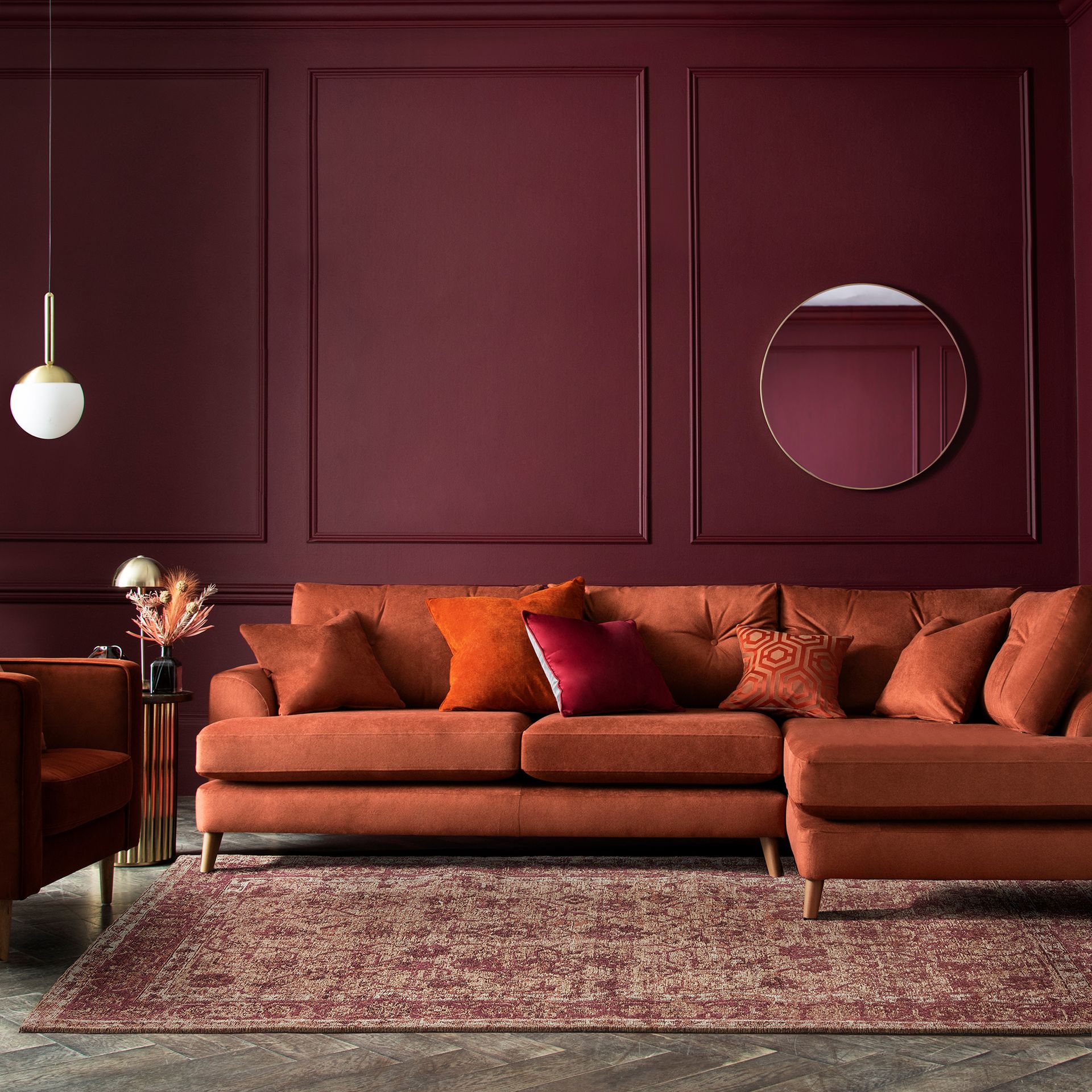 Parker Large Sofa Chaise in Plush Velvet Ginger, £2,225, Gold Round Mirror £155, Swoon at Next Pendant Light £60, Oriental Rug from £95