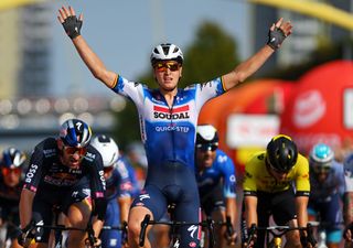 KATOWICE POLAND AUGUST 16 Tim Merlier of Belgium and Team Soudal QuickStep celebrates at finish line as stage winner during the 81st Tour de Pologne Stage 5 a 1876km stage from Katowice to Katowice UCIWT on August 16 2024 in Katowice Poland Photo by Luc ClaessenGetty Images