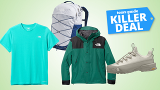 a selection of outdoor gear from The North Face including a backpack, a shoe, jacket and t-shirt next to a Tom's Guide Killer Deal label