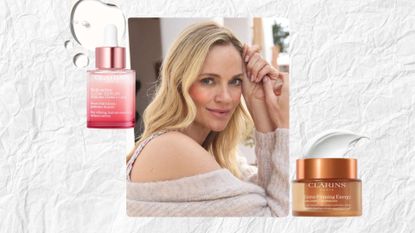 A woman with blonde hair and great skin wearing a cashmere cardigan next to clarins moisturiser and serum