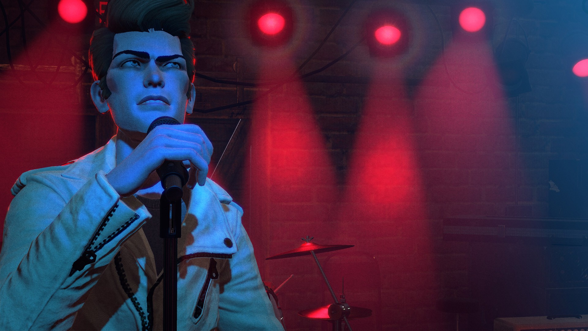 A singer crooning on stage in Rock Band 4