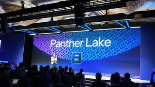 A photograph of Intel's Interim Co-CEO Michelle Johnston Holthaus standing on stage, with a background displaying Panther Lake and Intel 18A