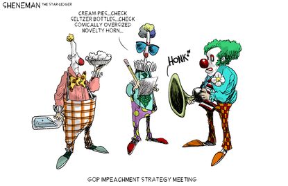 Political Cartoon U.S. GOP Trump Impeachment Strategy Meeting Clowns