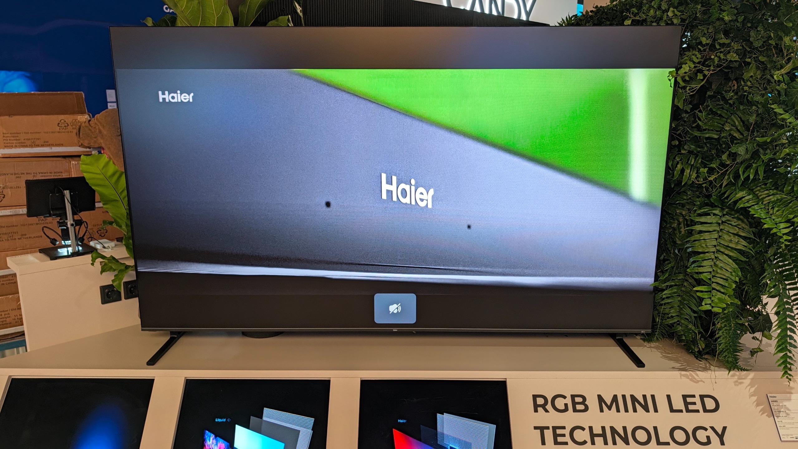 An RGB Mini LED Haier TV on a stand at IFA