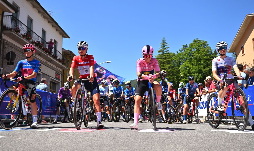FRONTONE ITALY JULY 11 LR Clara Emond of Canada and Team EF EducationCannondale Blue Mountain Jersey Lotte Kopecky of Belgium and Team SD Worx Protime Red Sprint Jersey Elisa Longo Borghini of Italy and Team Lidl Trek Pink Leader Jersey and Antonia Niedermaier of Germany and Team CanyonSRAM White Best Young Rider Jersey prior to the 35th Giro dItalia Women 2024 Stage 5 a 108km stage from Frontone to Foligno UCIWWT on July 11 2024 in Frontone Italy Photo by Luc ClaessenGetty Images