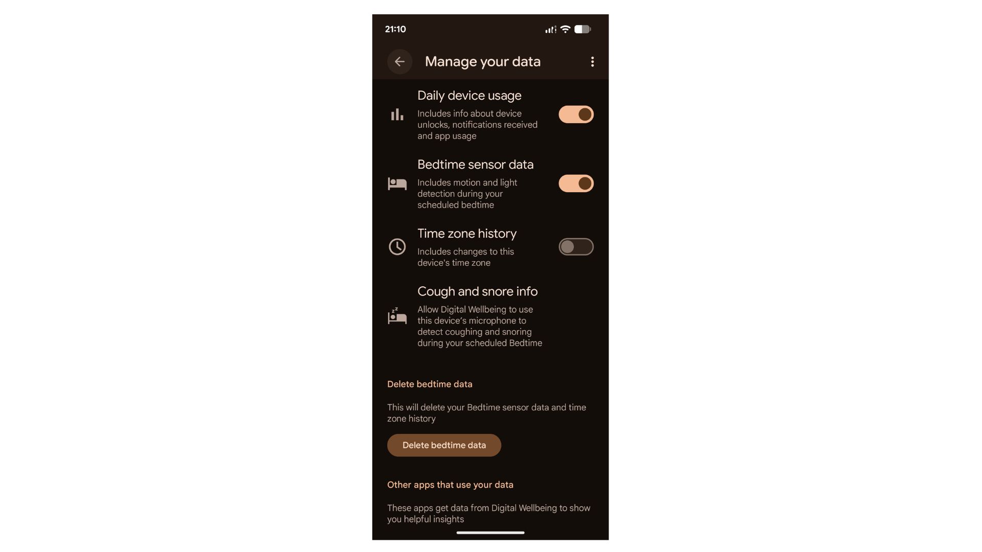 Google Clock app Bedtime Activity Manage Data screenshot