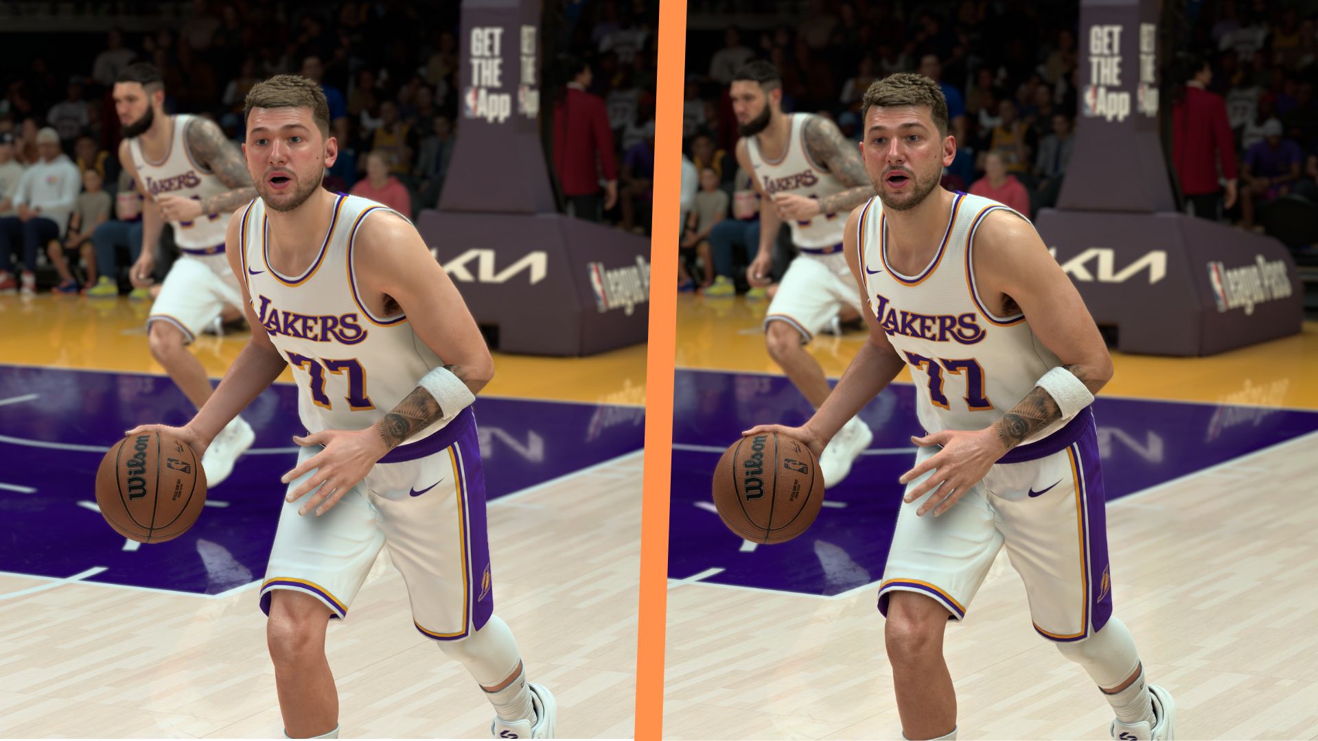 A side by side comparison of an NBA LA Lakers player with DLSS 5 on and off 