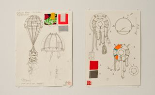 Side by side drawings. Left: A drop parachute with kitchen buckets attached to it. Right: The circular survival items.