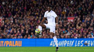 Aurelien Tchouameni controls the ball during the La Liga match between Barcelona and Real Madrid at Camp Nou on March 19, 2023 in Barcelona, Catalonia, Spain.