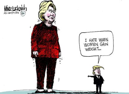 Political cartoon U.S. 2016 election Donald Trump Hillary Clinton weight
