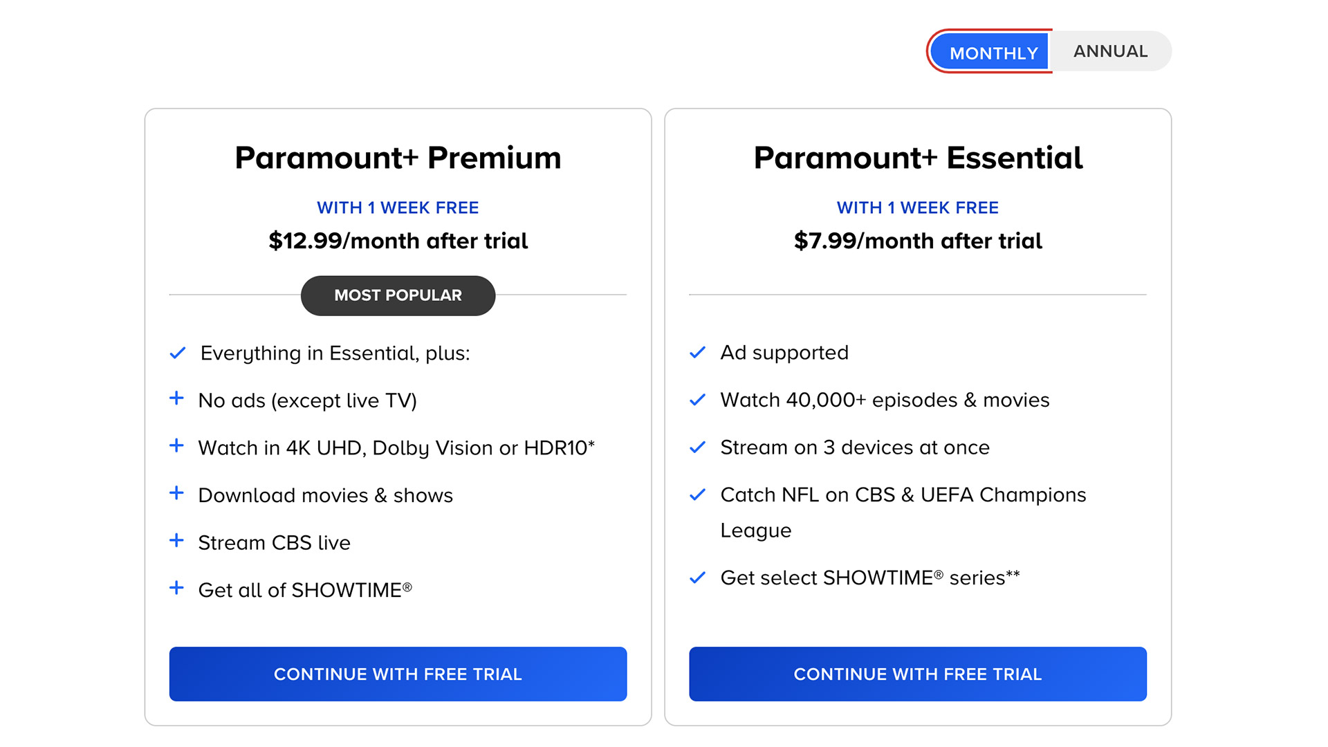 A screenshot of the three Paramount Plus plans in the UK and Ireland