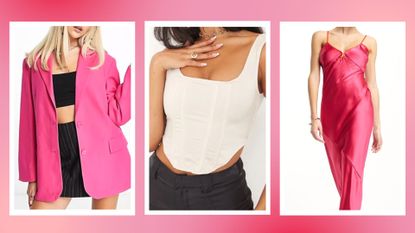 Valentine's day outfits: pink blazer from Weekday, a white corset from Pretty Little Thing and red satin slip dress from ASOS in a pink template