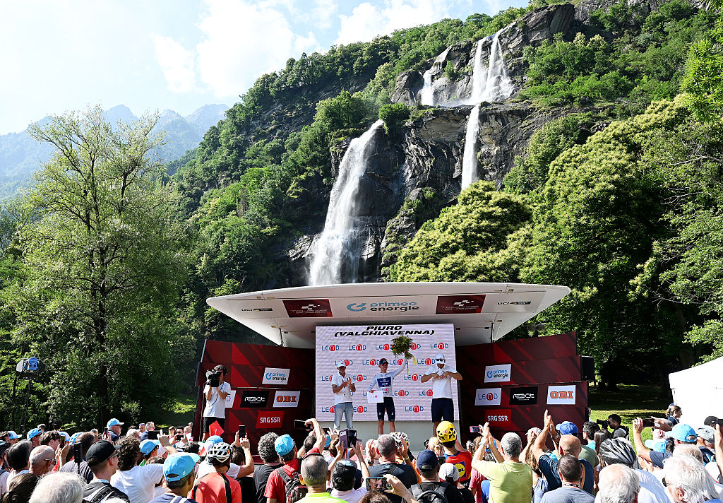 Romain Gregoire of France and Team Groupama - FDJ celebrates at podium as White best young jersey winner during the 88th Tour de Suisse, Stage 4 a 193.2km stage from Heiden to Piuro (Valchiavenna) / #UCIWT / on June 18, 2025 in Piuro, Switzerland. (Photo by Tim de Waele/Getty Images)