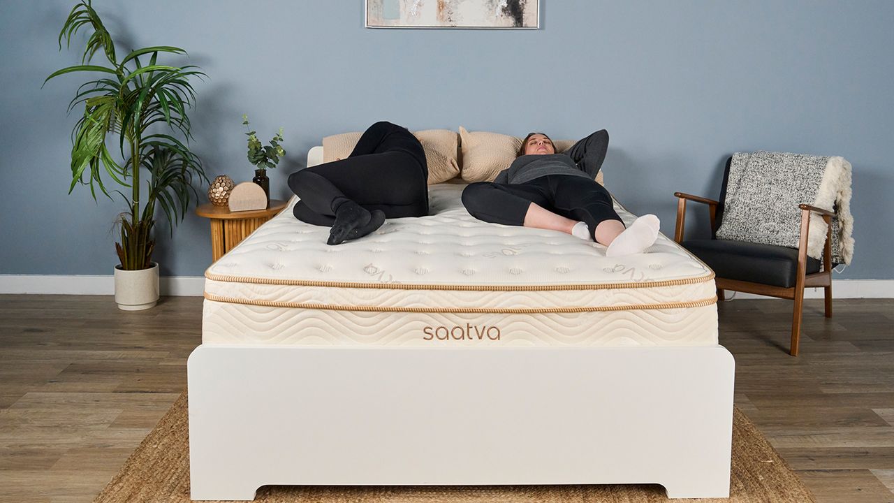 Our image shows two of the Tom's Guide mattress testing team lying on the Saatva Classic in our Sleep Product Testing Lab, during a pressure relief test. It's easy to see from the image how both testers are kept on top of the mattress instead of sinking in deeply, giving a true reflection of just how good the Saatva Classic mattress is at balancing support and comfort for a wide range of body types