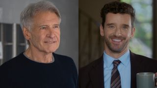 From left to right: Harrison Ford smiling in Shrinking and Michael Urie smiling and holding up a mug in Shrinking. 