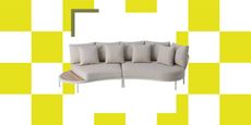 A yellow and white checkerboard background with a beige, curved, outdoor sofa product on top