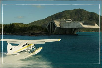 A plane flying over water showing the location where Spiderhead is filmed