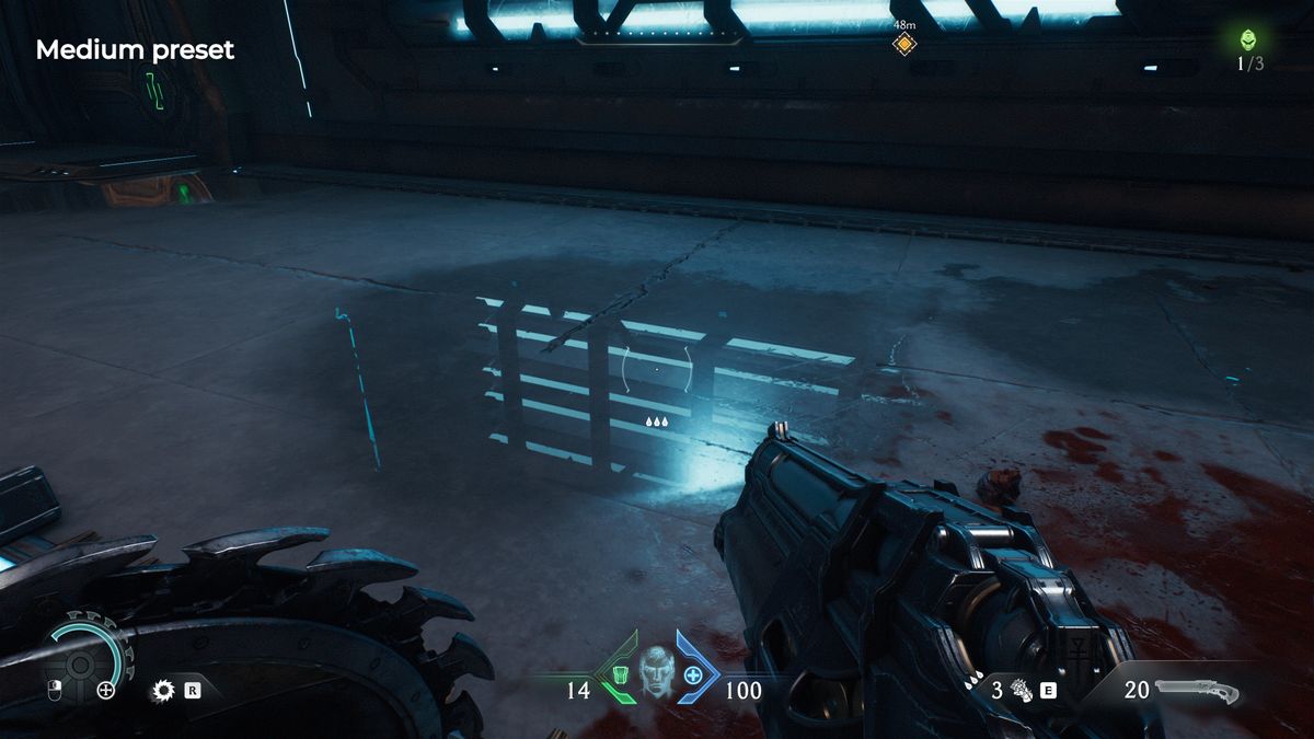 A screenshot of the PC version of Doom: The Dark Ages, showing the quality of ray-traced reflections using the Medium preset