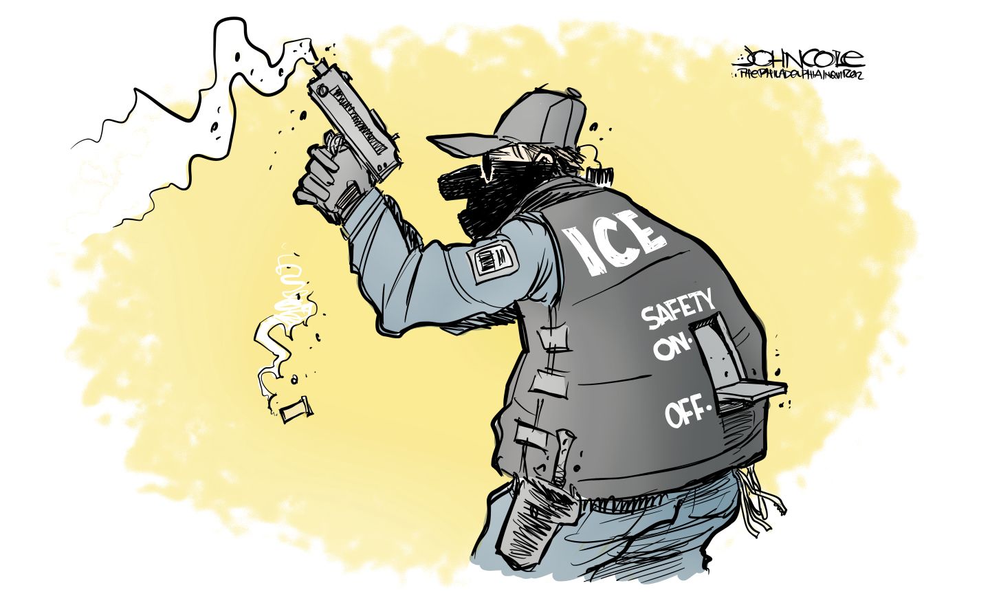 
                                This cartoon depicts a masked ICE agent that has just fired a handgun. The agent has a light switch on his back that is labeled “Safety” and has been moved from ON to OFF.
                            