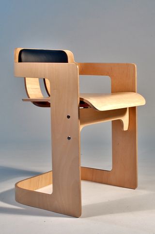 ’One-Sheet’ dining chair by Terry Davies, natural wood chair bespoke design, black padded back rest, white room