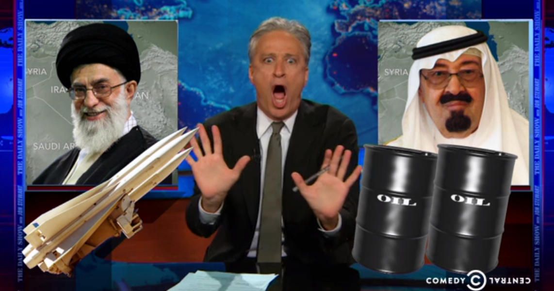 Jon Stewart takes the U.S.-Iran &amp;#039;strange bedfellows&amp;#039; line literally, imagines Iraq as a love triangle