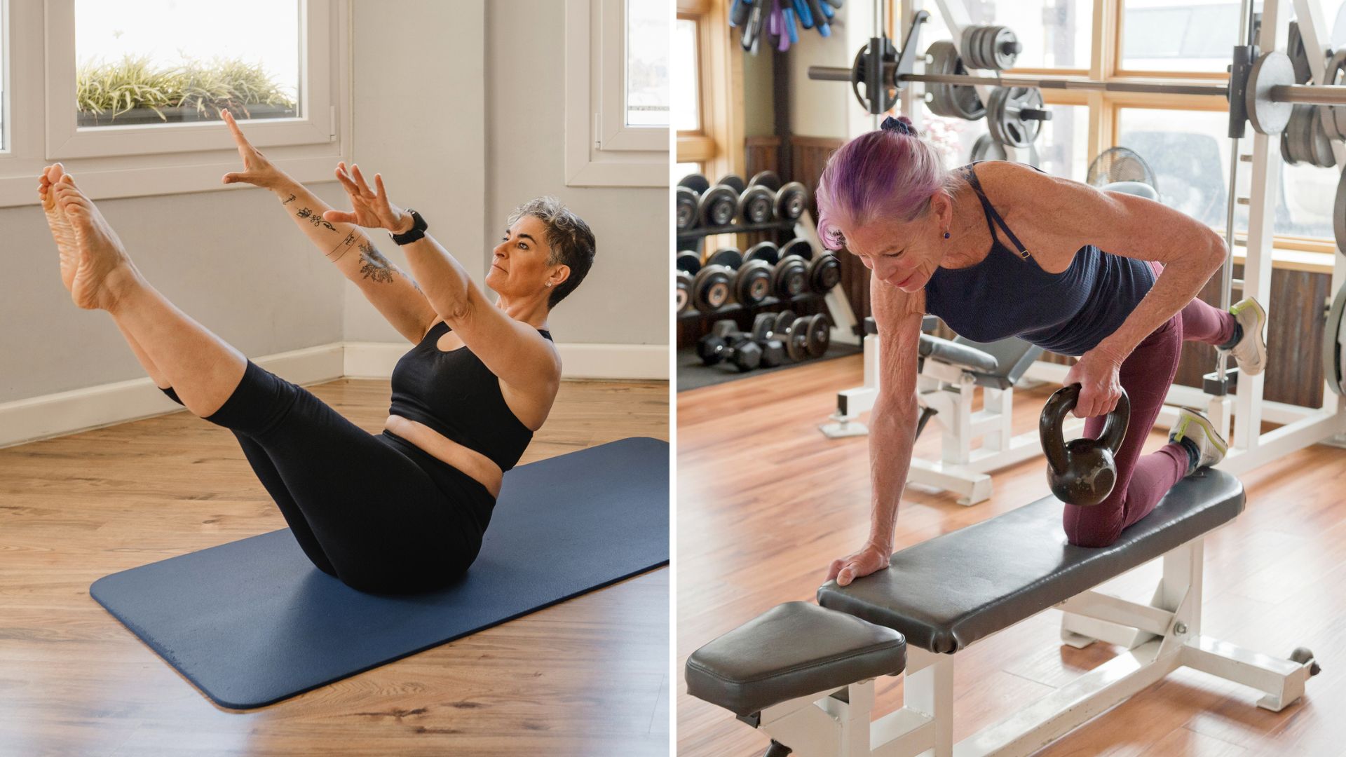 Two images side by side of senior women exercising