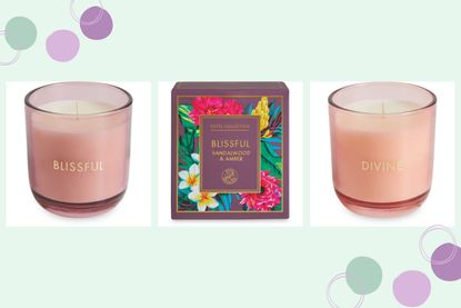 A collage of the Aldi Hotel Collection candles in Blissful and Divine scents