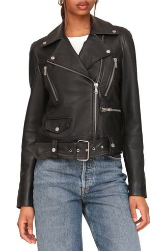 Belted Leather Biker Jacket