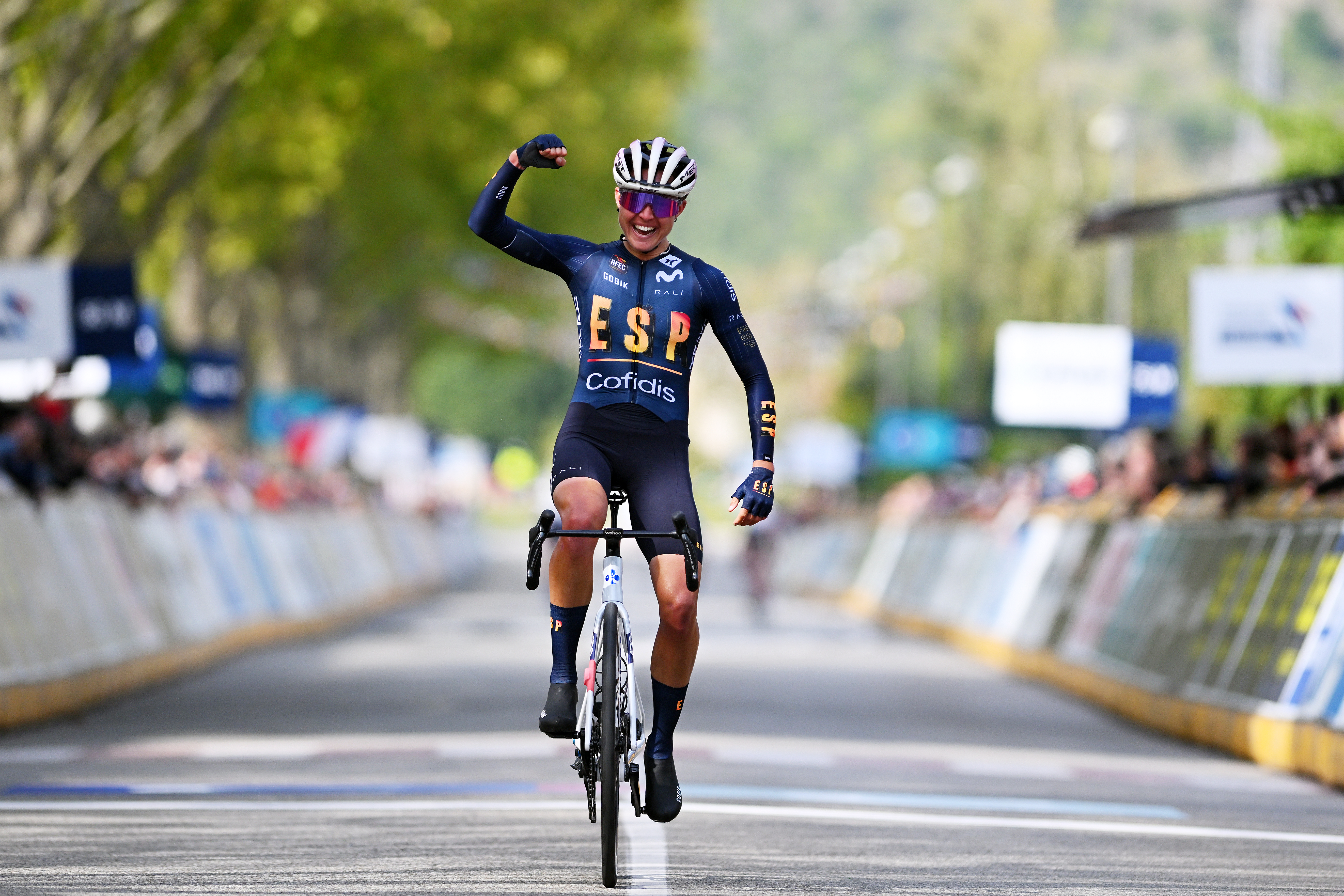 GUILHERAND-GRANGES, FRANCE - OCTOBER 03: Paula Blasi and Team Spain celebrates at finish line as gold medal winner during the 31st UEC Road Cycling European Championships 2025 - Women&#039;s U23 Road Race a 85,7km one day race from Guilherand-Granges to Guilherand-Granges on October 03, 2025 in Guilherand-Granges, France. (Photo by Billy Ceusters/Getty Images)