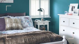 teal pianted bedroom with white furniture showing how to organize a small bedroom with efficiency