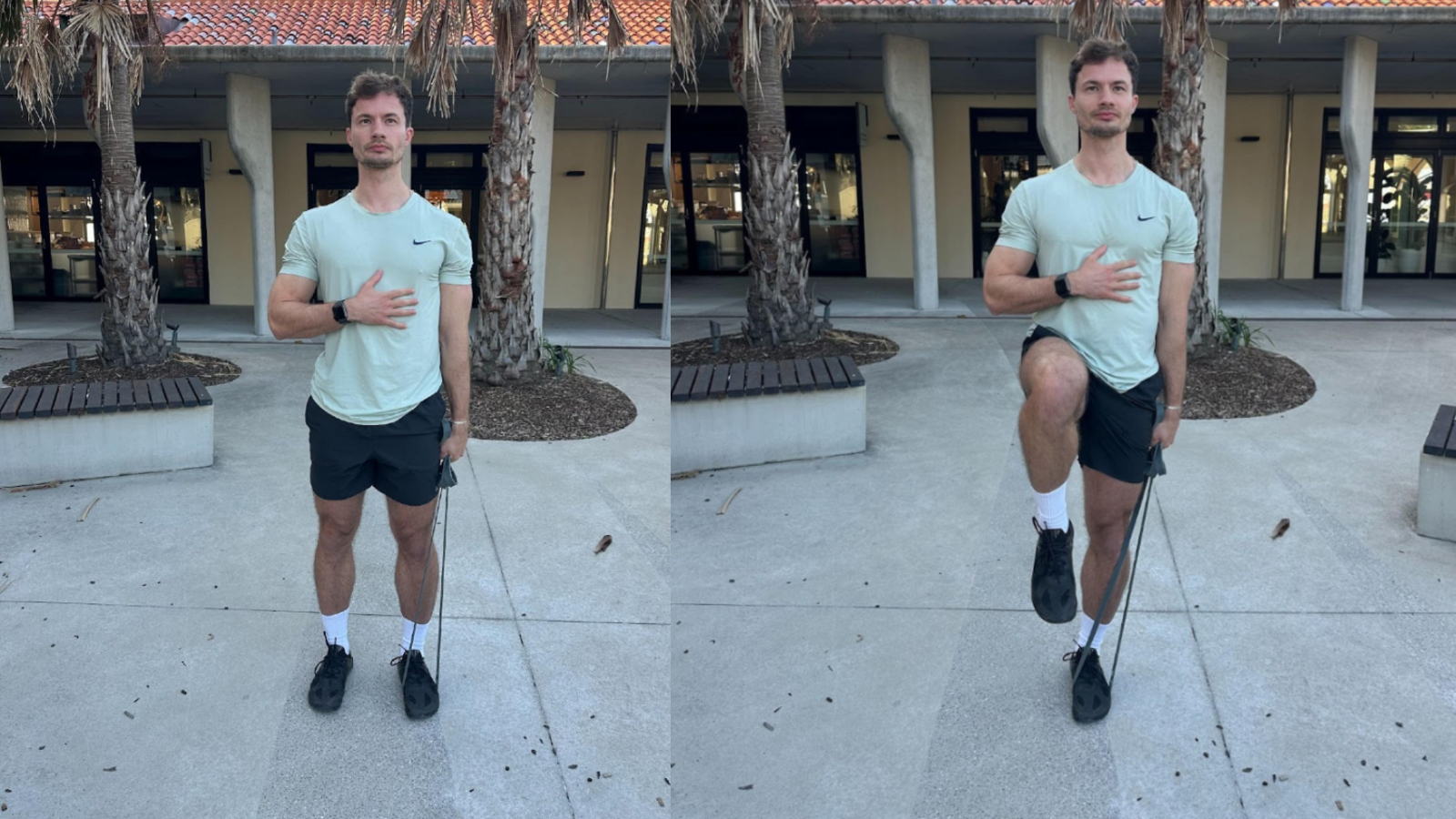 Man performing the banded suitcase march with a resistance band