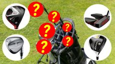 A golf bag with question marks hiding each club and four insets of a Nike fairway wood, Nike putter, Titleist wedge and TaylorMade fairway wood